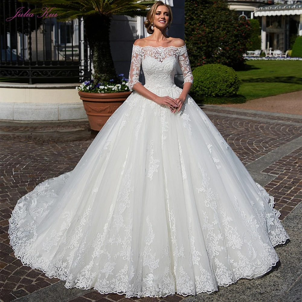 

Julia Kui Luxury A Line Wedding Dress With Detachable Shawl Half Sleeve Bride Dress Of Chapel Train