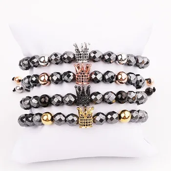 Men Bracelet Jewelry Hematite Beads CZ Pave Crown Charm Braided Custom Beaded Macrame Bracelet Men Gift