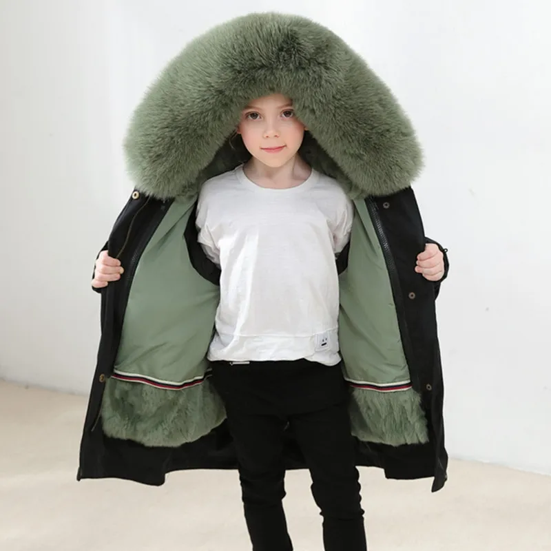 Children's fur girls wear male baby real rex rabbit fur coat baby long section to overcome thick winter cotton coat kids jacket - Color: C