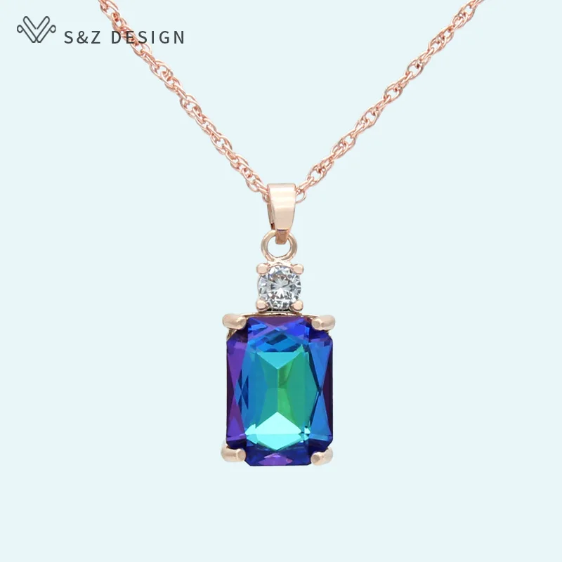 S&Z DESIGN New Square Crystal 585 Rose Gold Color Pendant Necklace For Women Wedding Party Fashion Jewelry