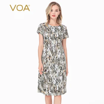 

VOA Satin Silk Leopard Print round Neck Short Sleeve Slim Slimming Smooth Skin-Friendly over-the-Knee Fashion Dress AX812