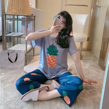 

Women Pineapple Avocado Fruit Loose Short Sleeve T-shirt Top Pants Pajama Set