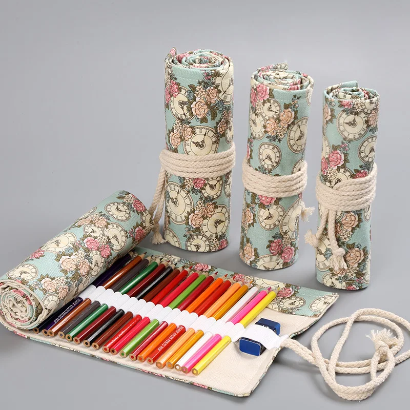 

Rose & Clock Roll Up Pencil Bag Wrap 36/48/72 Slot Canvas Storage Pen Pouch for Brush Marker Stationery School Supplies F756