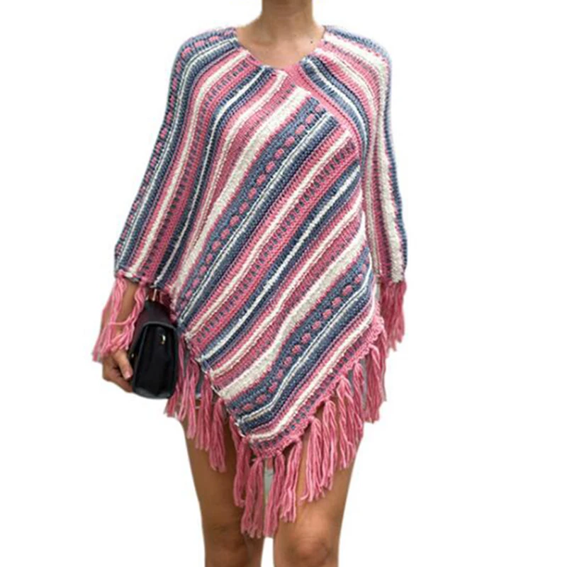 

New Fashion cloak Women Wool knitted Pashmina Warm Diagonal stripes tassel Shawls female Capes Knit sweater Coat female s219