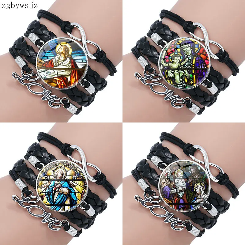 Brand Jewelry Multilayer Black Leather Bracelet Bangle Glass Dome For Child Jesus Christ Praying Stained | Украшения и аксессуары