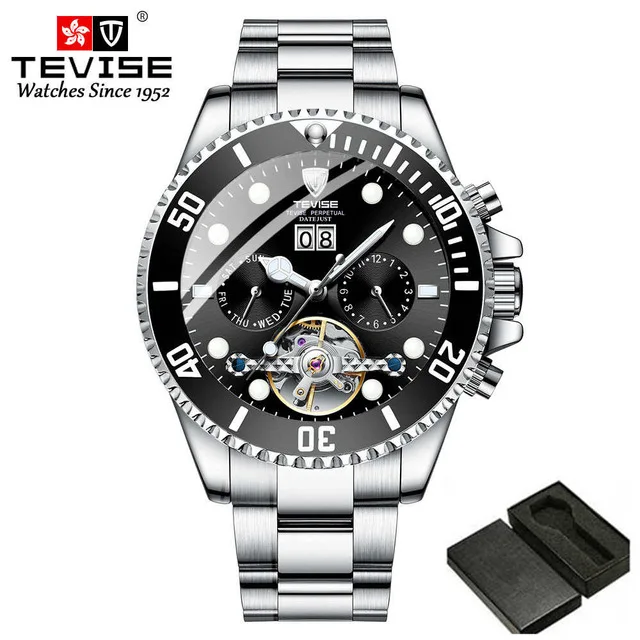 Мужские механические часы TEVISE Роскошные брендовые качественные наручные часы многофункциональные светящиеся водонепроницаемые с автоматическим заводом - Цвет: silver black box