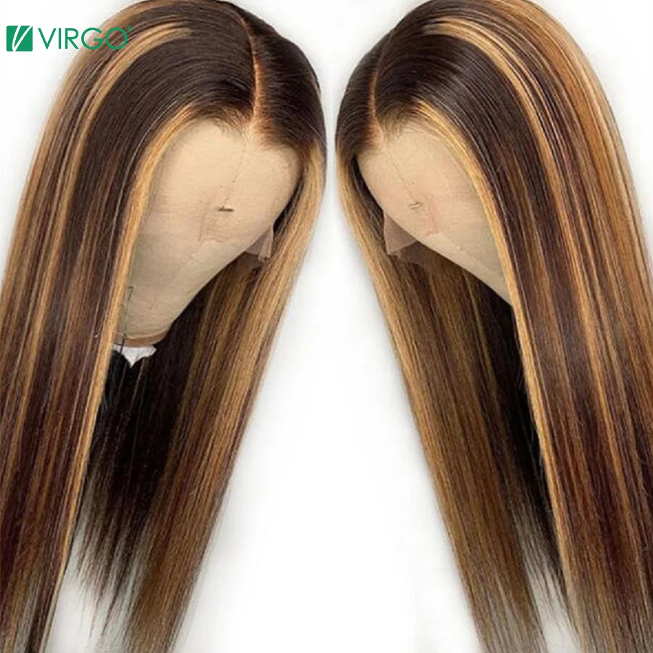 Virgo 4/27 Ombre Highlight Human Hair Wig Brown Honey Blond Color Lace Front Wigs For Women Straight Frontal Remy 150% | Шиньоны и