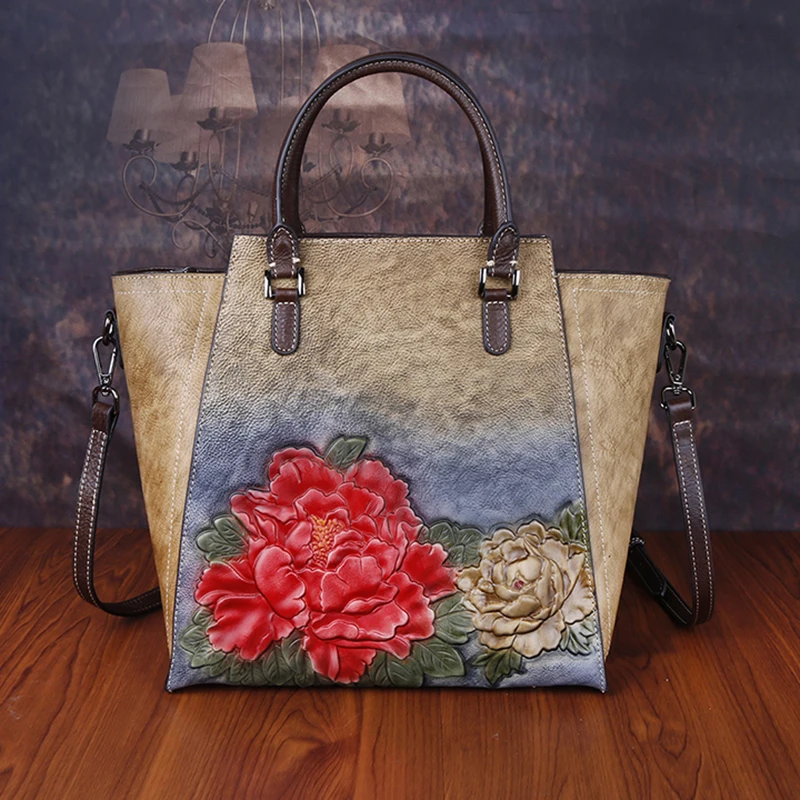 Vrouwen Messenger Echt Lederen Tassen Winkelen Bloemen Reliëf Contrast Kleur Vrouwelijke Natuurlijke Huid Handtas Top Handvat Schoudertas Vrouwen Messenger Echt Lederen Tassen Winkelen Bloemen Reliëf Contrast Kleur Vrouwelijke Natuurlijke Huid Handtas Top Handvat Schoudertas