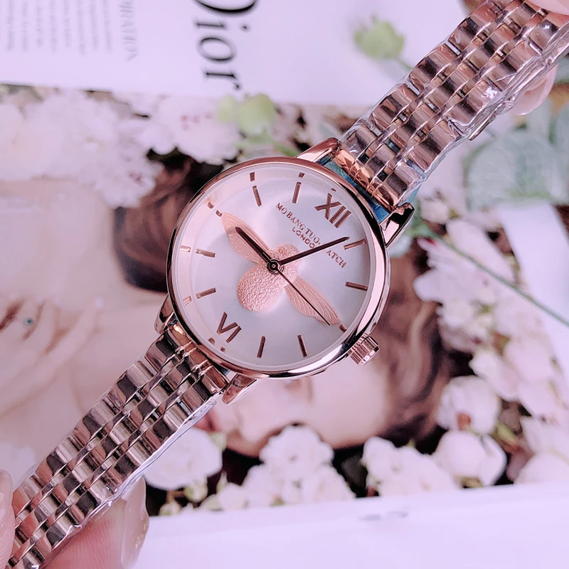 Rose white Модные высококачественные женские часы, Кварцевые водонепроницаемые часы из нержавеющей стали с маленькой Пчелкой, классические женские часы - Цвет: Rose white
