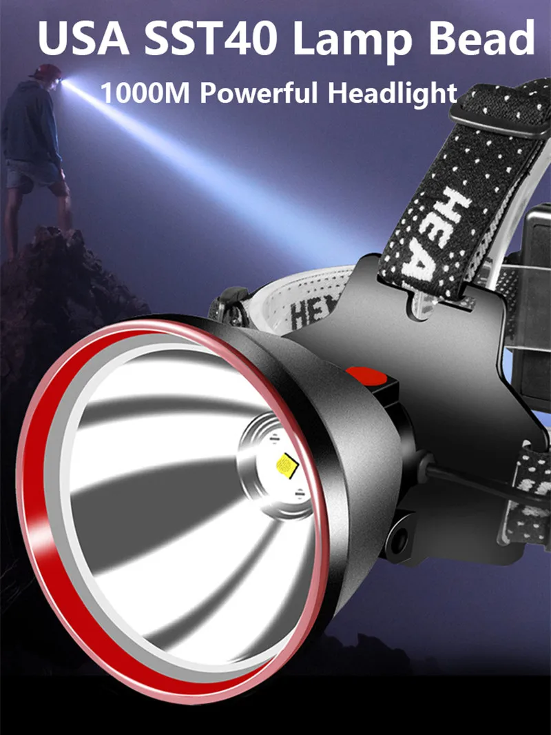 poderoso led farol de alta potência cabeça tocha pesca usb recarregável lâmpada cabeça lanterna para acampamento ao ar livre