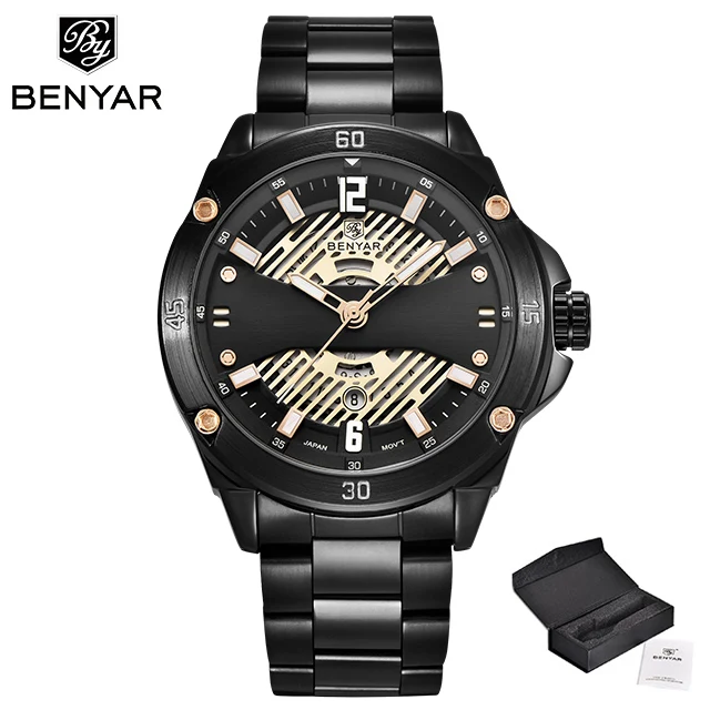 BENYAR новые кварцевые мужские часы модные кожаные мужские наручные часы водонепроницаемые спортивные часы мужские роскошные Брендовые Часы Reloj Hombre - Цвет: S-black gold