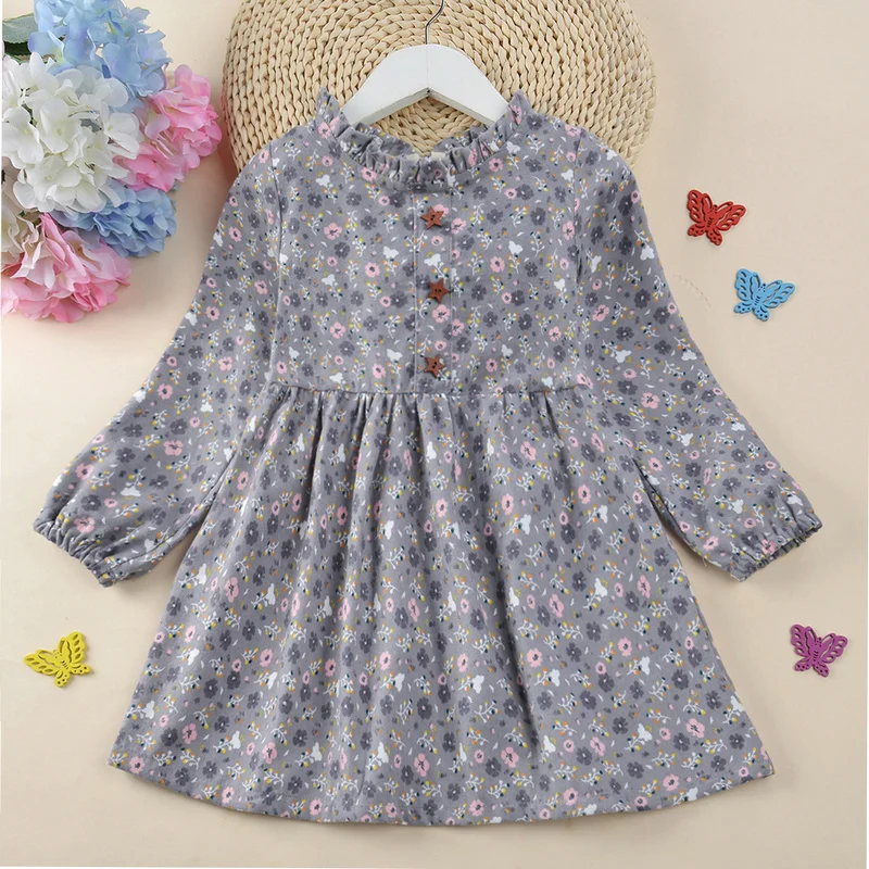 Детская дизайнерская брендовая одежда для девочек детское хлопковое платье зеленого цвета с длинными рукавами и цветочным рисунком для маленьких девочек - Цвет: floral grey