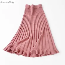 BunniesFairy/ осенне-зимняя Корейская полосатая трикотажная шерстяная юбка средней длины с высокой талией и оборками