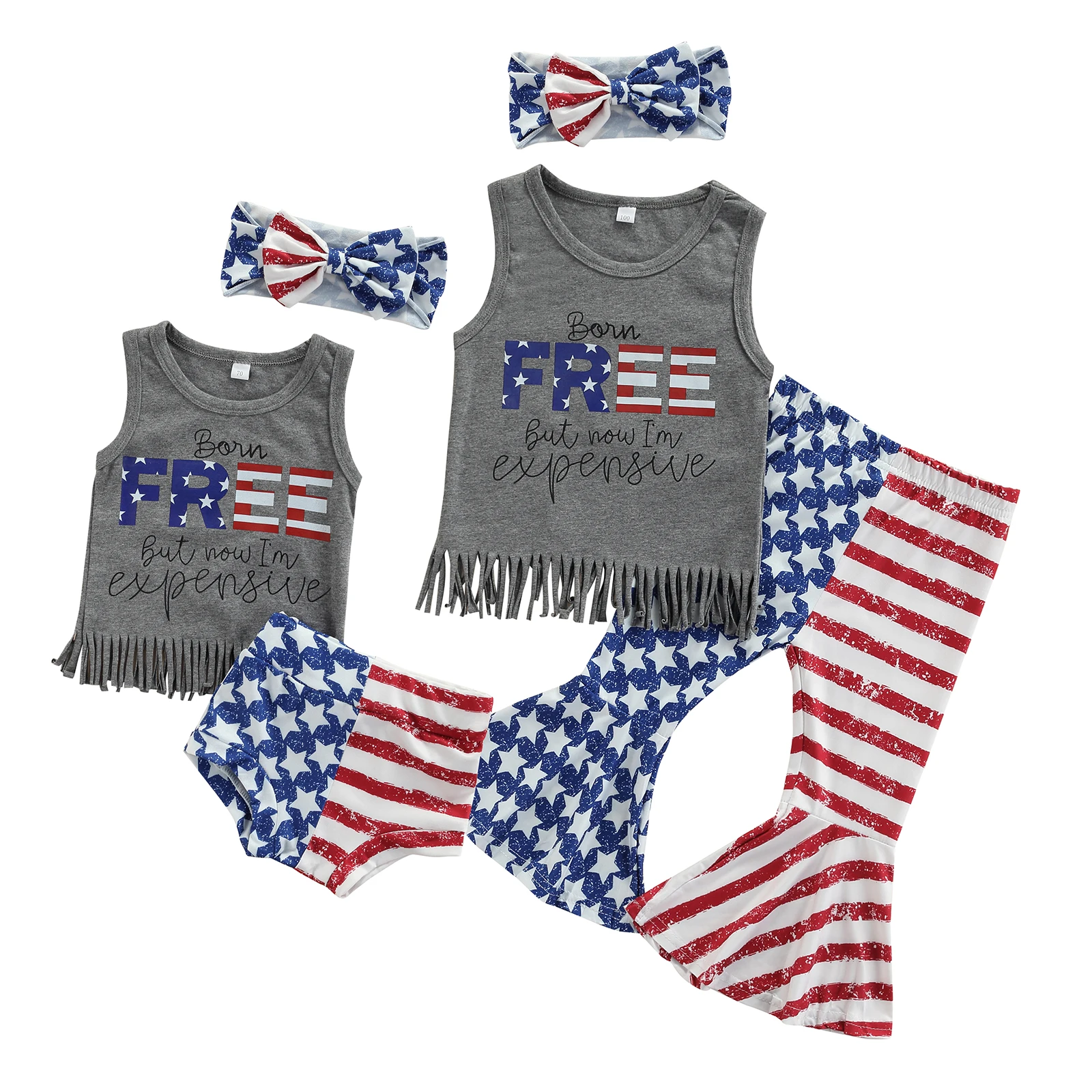 Citgeett Summer Independence Day Kids Baby Girls 3pcs Clothes Sets Letter Star Printed Sleeveless Tassel Tops Flare Pants/Shorts