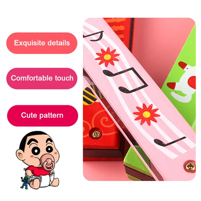 Wooden Harmonica For Children Toys Musical Instruments 16 Holes Double-Row Blow Cartoon Color Woodwind Mouth Harmonica Melodica 3