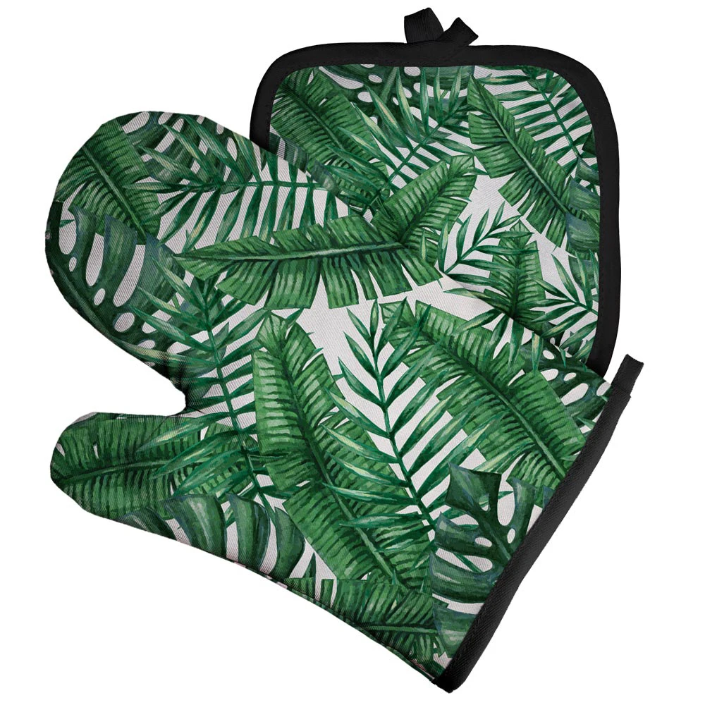 Kitchen Gloves Plant Pattern Polyester Oven Glove Heatproof Mitten Oven Mitts and Potholder Mat for Kitchen Retro pattern Insulated Gloves