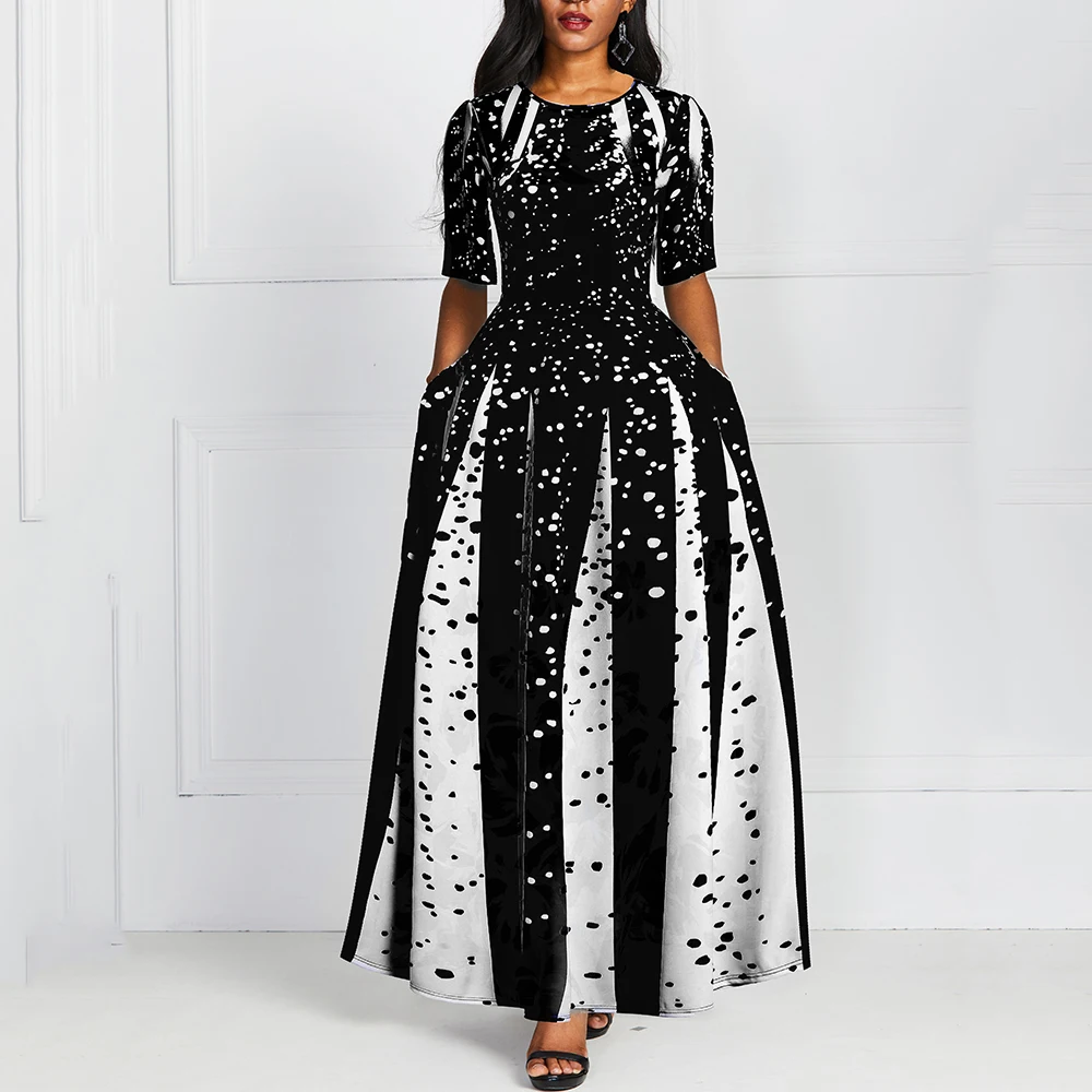 Tanie Moda kobiety połowa rękawem elegancki okrągły dekolt Boho bandaż druku długa, do połowy łydki sukienka panie na co dzień szczupła sukienka damska