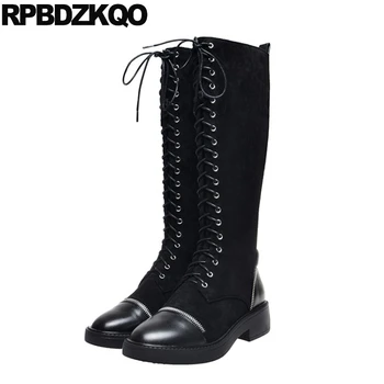 

black long tall chain muffin knee high flatform women side zip boots creepers platform suede slim harajuku shoes lace up chunky