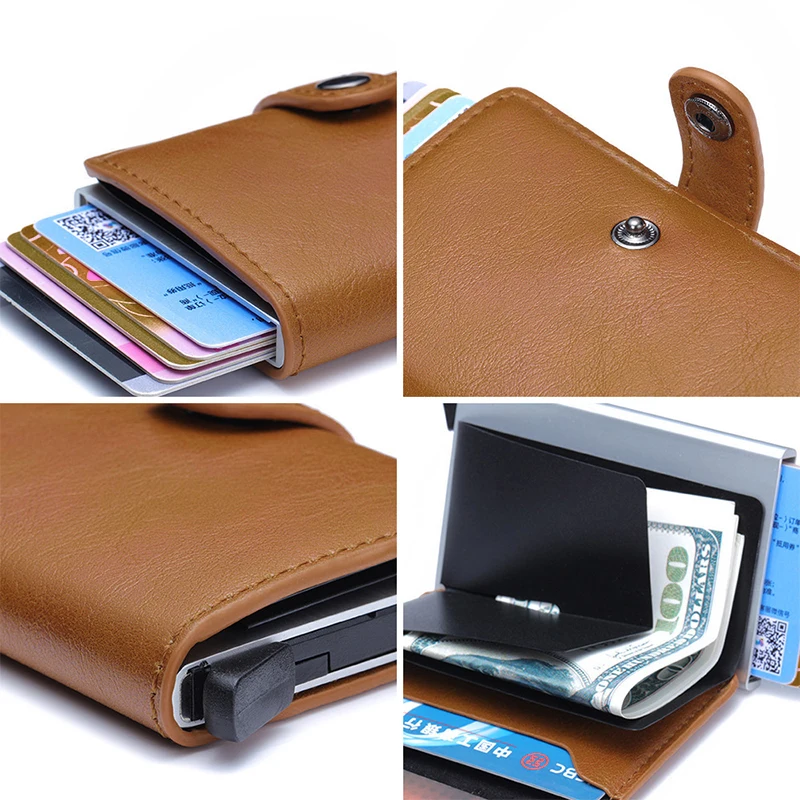 Мужской кредитный держатель для карт на застежке, RFID Блокировка, кожзам, металл, мужские кошельки, мини ID карта, алюминиевый кошелек, унисекс, держатель для карт, автоматический