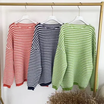 

Lazy Loose Women Sweater New Fashion Autumn Winter Stripes Print Slim Long Sleeved Round Collar Slim Bottom Knit Sweater.w