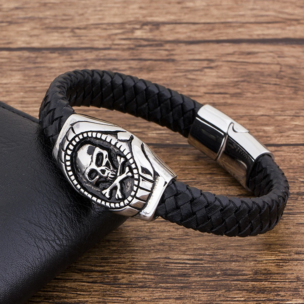 Fashion Charm Stainless Steel Magnetic Black Genuine Leather Braided Men Bracelet Jewelry Skull Rope Punk Wholesale Accessories