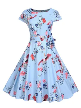

Retro Floral Bird Print Summer Vintage Women Dress Round Neck Cap Short Sleeves Retro Dress Rockabilly Swing 60s Vestidos Robe