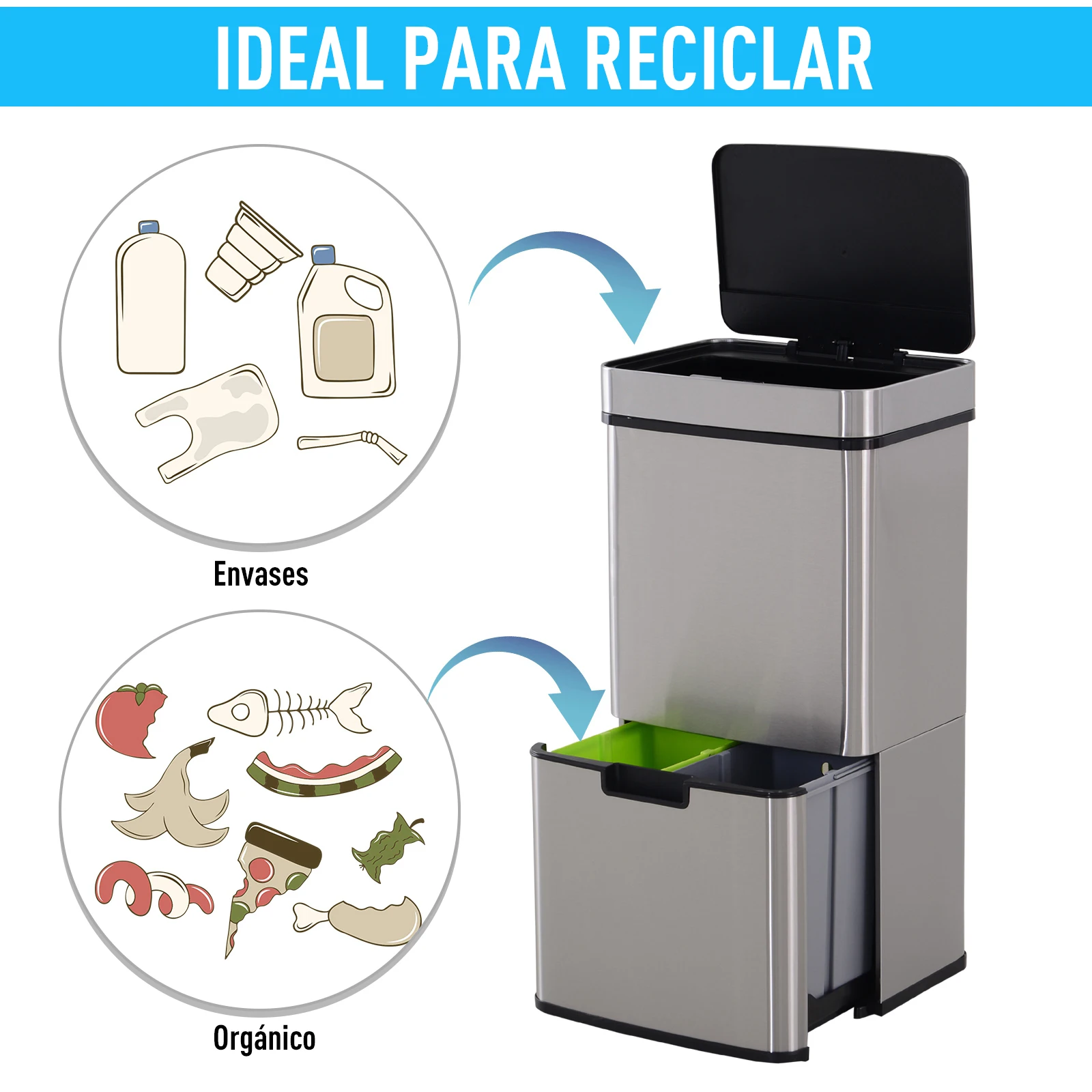 Cubo de Basura Papelera de sensor de reciclaje for residuos de cocina, tapa  de detección automática de movimiento, capacidad de basura 42L, 2  compartimentos de reciclaje, cuerpo metálico con acabado d 