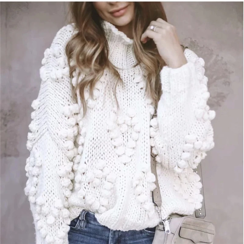 Autumn Coarse wool handmade knitted Sweater women Half turtleneck lazy Rough Knitted Lantern Sleeved 3D Yarn Ball Pullover | Женская