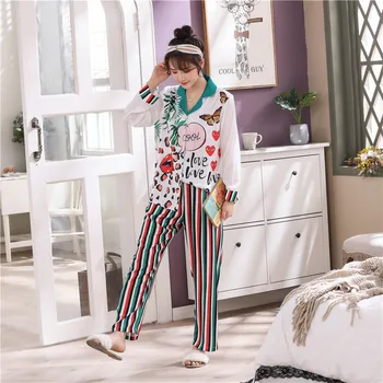 

2020 New Silk-like Pajamas Women's Long-Sleeved Casual Suit Spring and Summer Thin Silk Leisure Tops Two-Piece Set