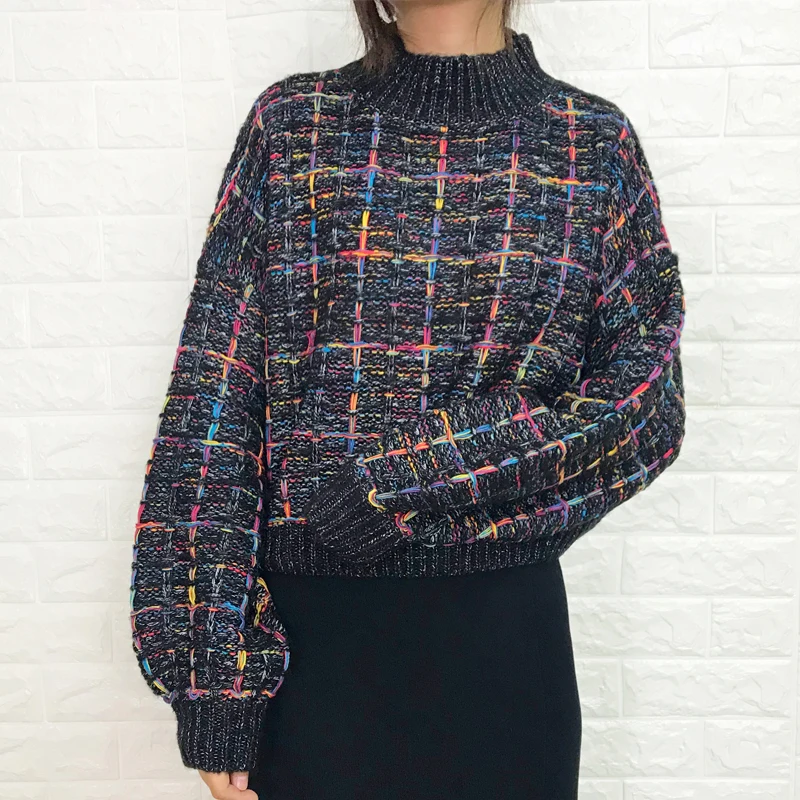 

grid sweater Autumn sweater female lazy wind 2019 new set of loose candy color wear plaid shiny silk