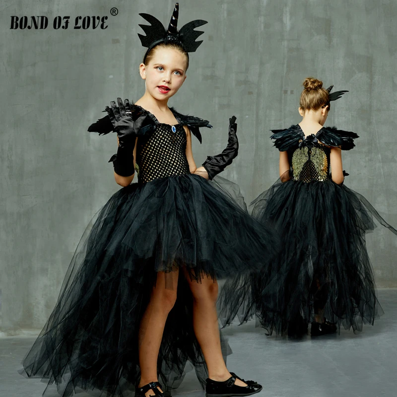 NEW Halloween Cosplay Witch Costume Children Clothing Golden Wings Girls Tutu Dress with Headband Kids Party Dress