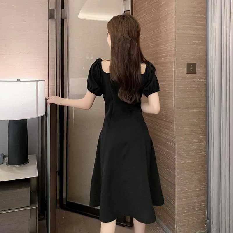 French Retro Puff Sleeve Square Collar Dress Women 2020 Summer Plus Size Single-Breasted Elegant Dress Korean Office Party Dress