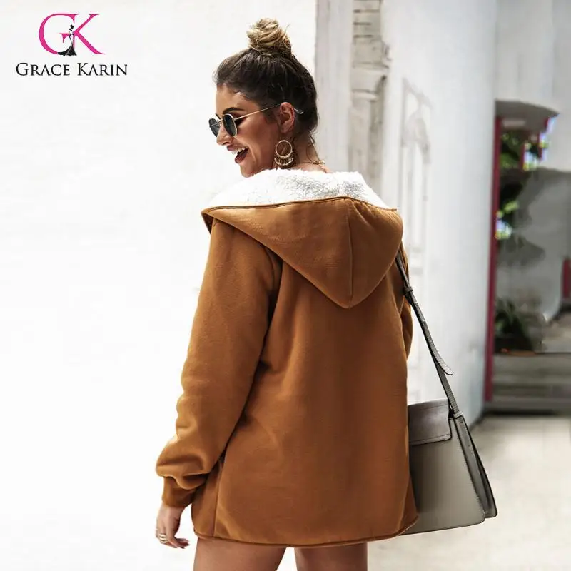 Grace Karin флисовые куртки с капюшоном и пальто для женщин осень зима теплая новая верхняя одежда сплошной цвет плюшевая подкладка пальто для женщин