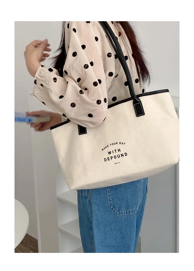 Ladies Canvas Shoulder Bag Female Retro PU Stitching Drawstring Design Totes Trend Large-Capacity Casual Travel Bag for Women women's bags on sale	