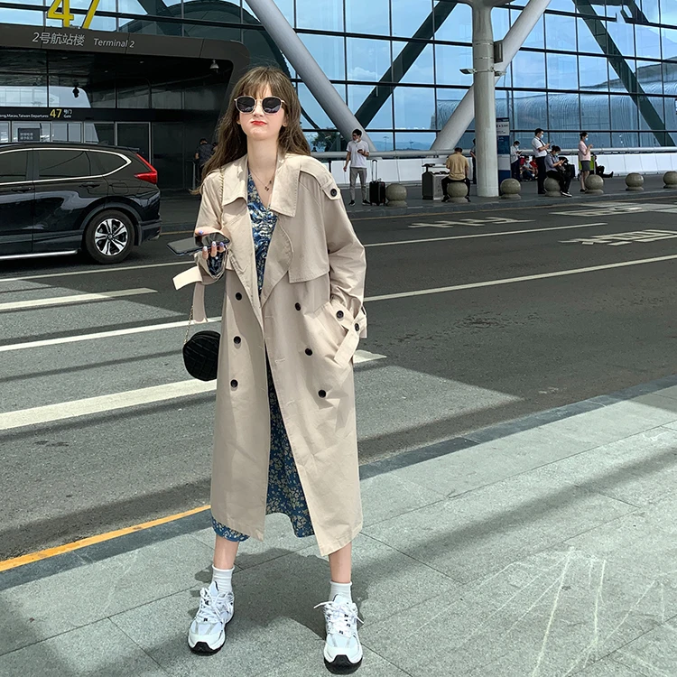 

Korean Chic Autumn New Windbreaker Coat Temperament Tooling Double Breasted Coat Vintage Solid Loose Fashion Casual Windbreaker