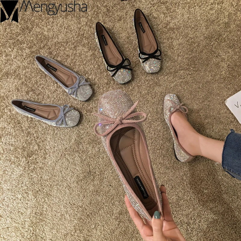 Балетки на плоской подошве с квадратным носком узел бабочка из страз женская