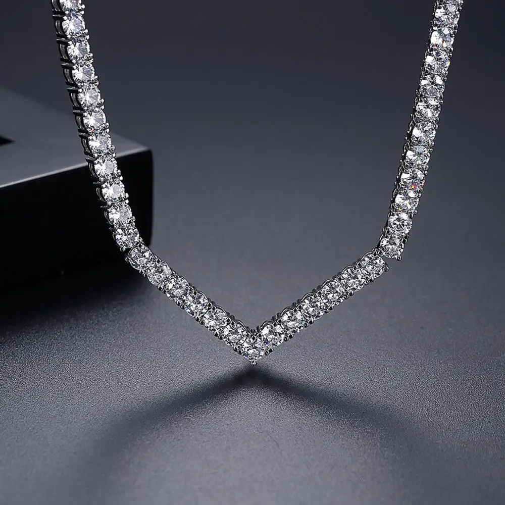 LUOTEEMI New V Shape Luxury Tennis Necklace for Women Small Cubic Zircon Paved Girl Fashion Jewelry Wedding Bridal Tennis Choker