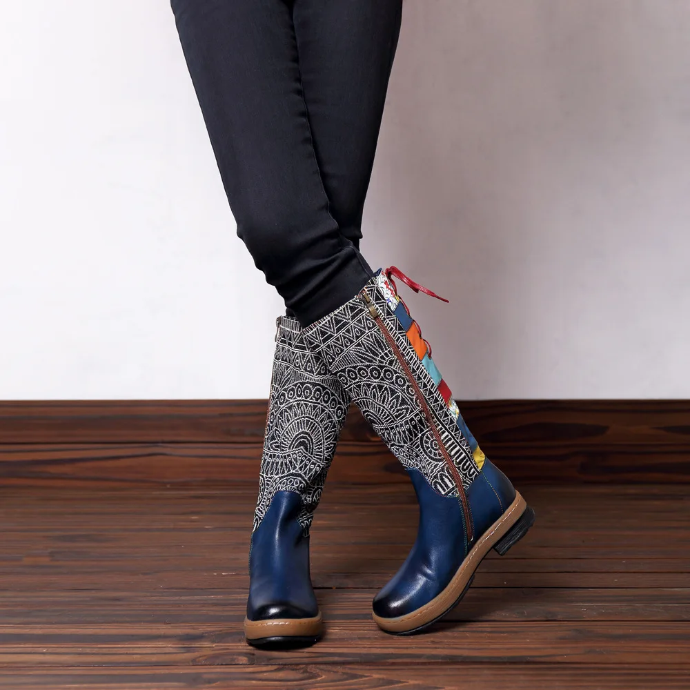 Gykaeo/Винтажные ботинки до середины икры; женская обувь; мотоботы из натуральной кожи в богемном стиле в стиле ретро; ботинки со шнуровкой сбоку и молнией сзади