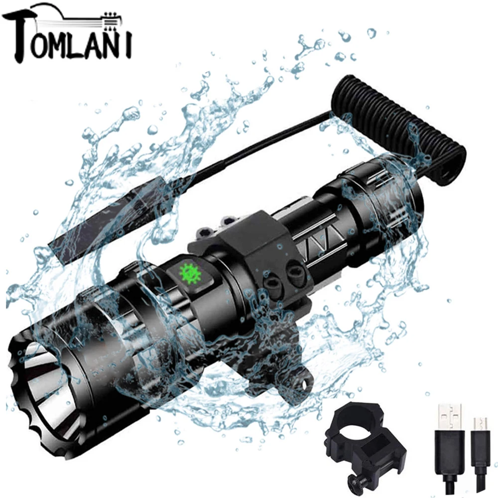 

8000Lums L2 Tactical Flashlight White/Green/Red with Pressure Switch Mount Hunting Torch Rifle Gun 5 Modes USB Rechargeable