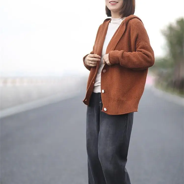 #Special Offers Korean Casual Hooded Knitted Sweater Women Solid Single-Breasted Sweater Cardigan Cardigans Loose Sweatet Coat