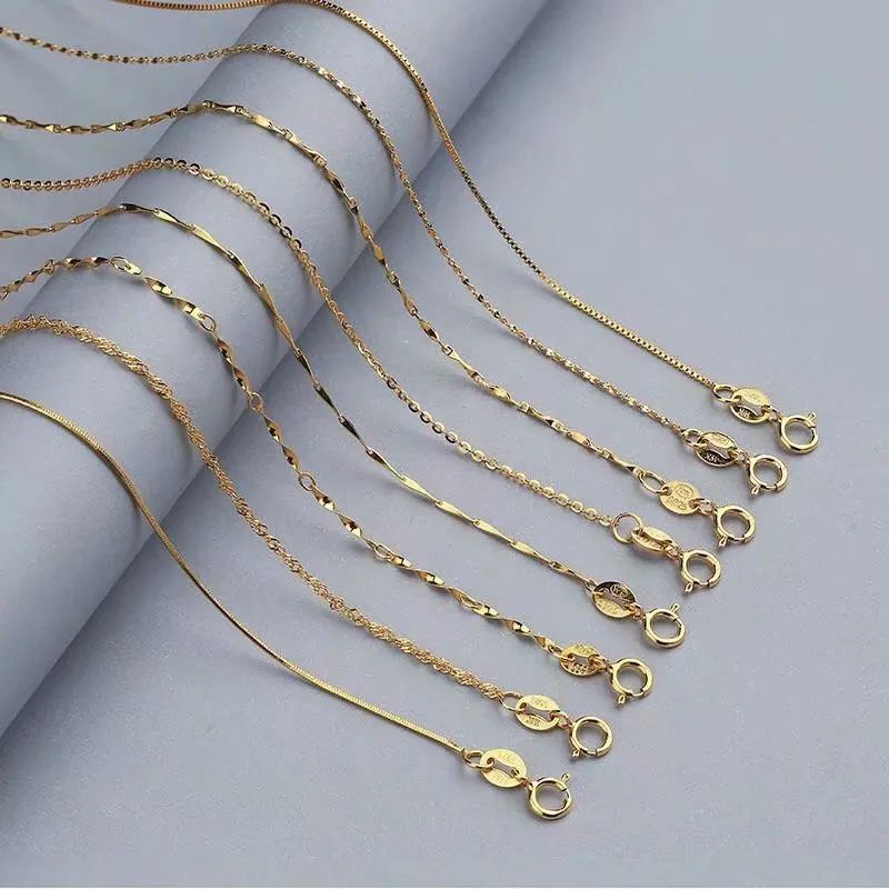 

100% 925 Sterling Silver Water-wave Chain For Woman 40cm/45cm 0.7/0.8mm box Chain Necklace Gold/Rose Gold Color Jewelry Findings