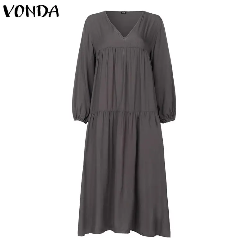 VONDA, женское осеннее платье с длинным рукавом, повседневное, свободное, сплошное, богемное, v-образный вырез, сексуальные платья, для вечеринки, Vestidos, макси, длинное платье - Цвет: Серый