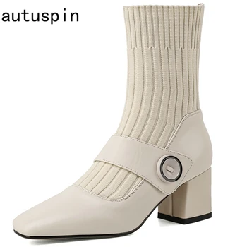 

Autuspin Winter Women Knitting Ankle Boots Fashion Elegant Cowhide Square Toe High Heels Ladies Button Decoration Party Shoes