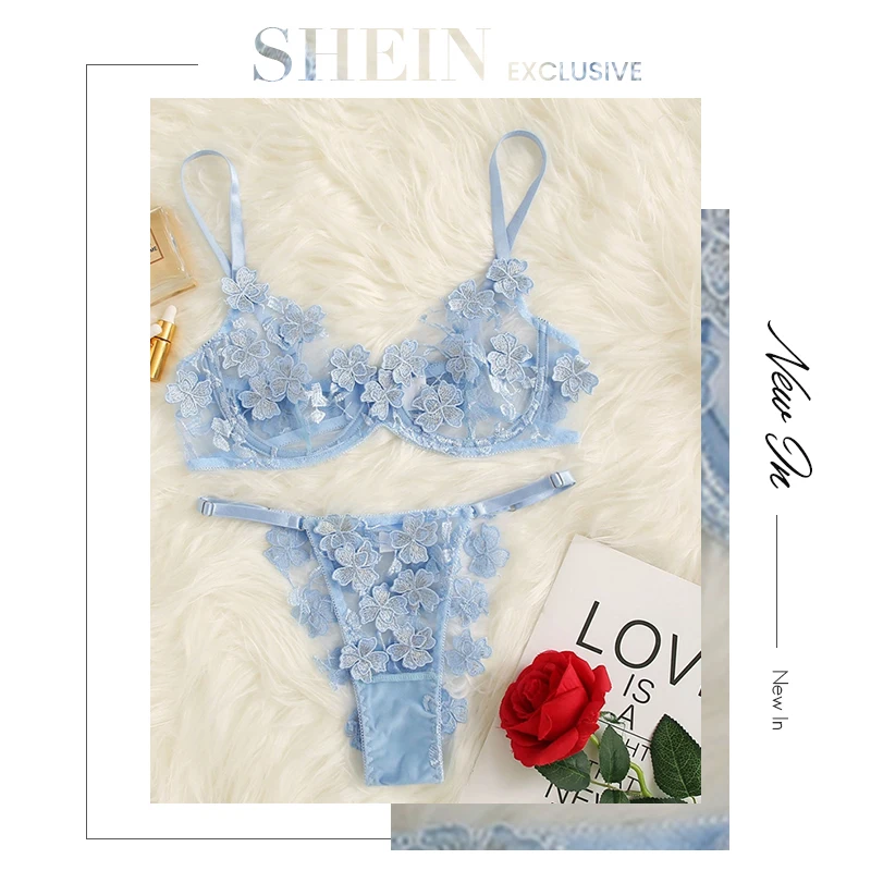 SHEIN синий кружевной комплект нижнего белья на косточках с аппликацией, женский сексуальный бюстгальтер без косточек и трусики, одежда для сна, интимный комплект нижнего белья