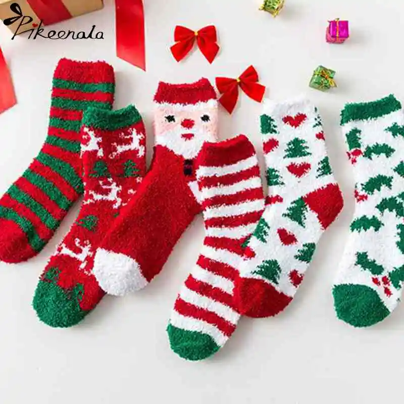 Рождественские носки, хлопковые, с принтом, коралловый флис, пушистые, теплые, флисовые Носки для женщин, женские носки, уличная одежда, новинка