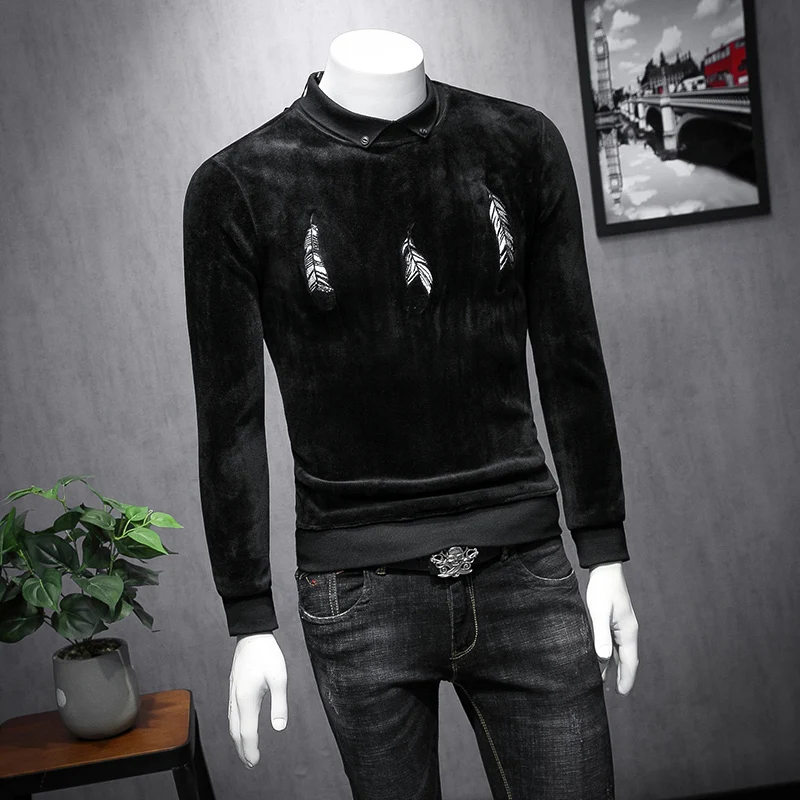Camisas Sociais De Veludo Топы уличная футболка бархатная футболка с вышивкой перо мужская футболка с отложным воротником с длинным рукавом 3d Футболка