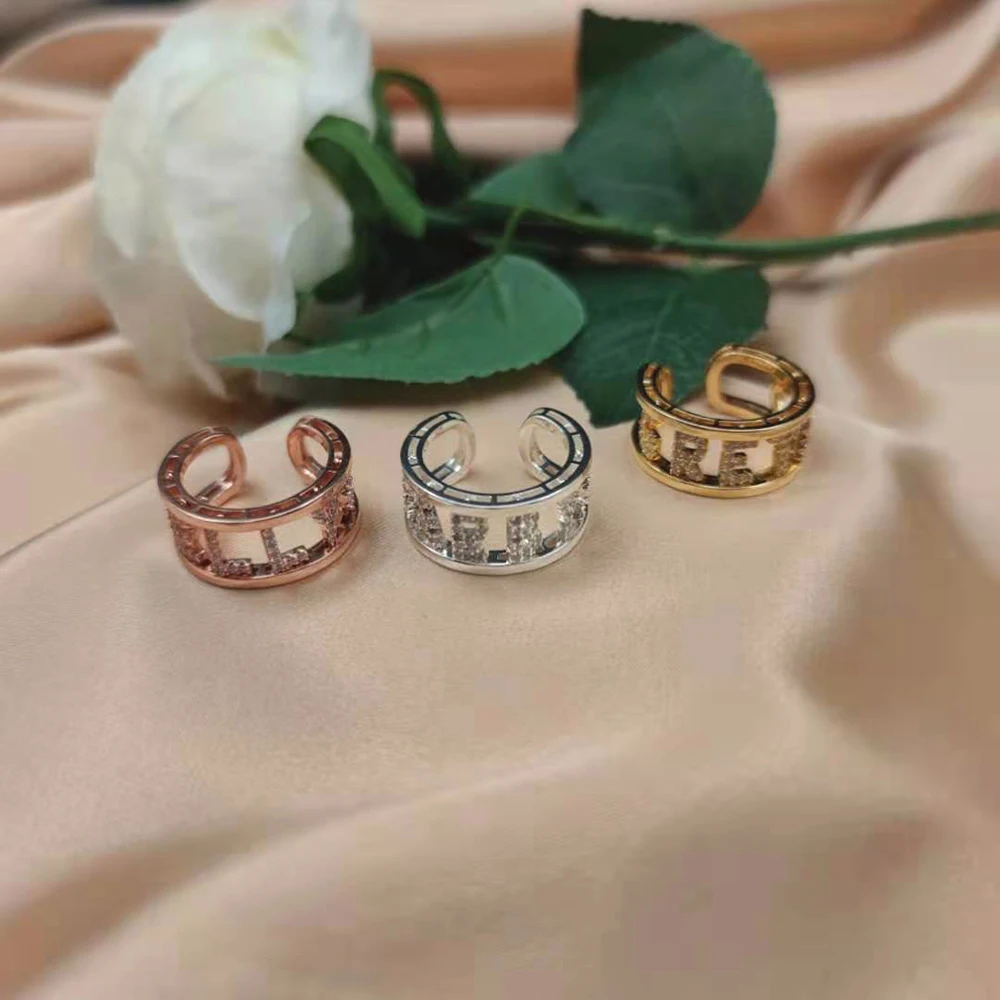 LUER Women Rings 2021Personalized Customized Stainless Steel Ring 1-8 letter 6mm Crystal Hollow Name Gold18k Hip Hop Zircon Gift