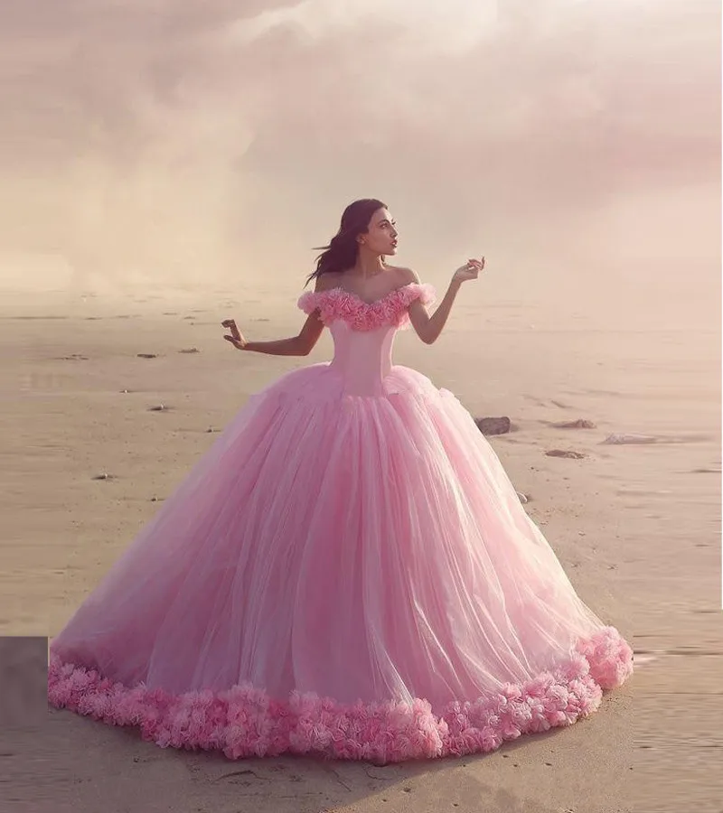 Vestido de noiva Розовое Бальное платье ручной работы с цветами и открытыми плечами, платье на выпускной для принцессы, платья для мамы невесты - Цвет: Розовый