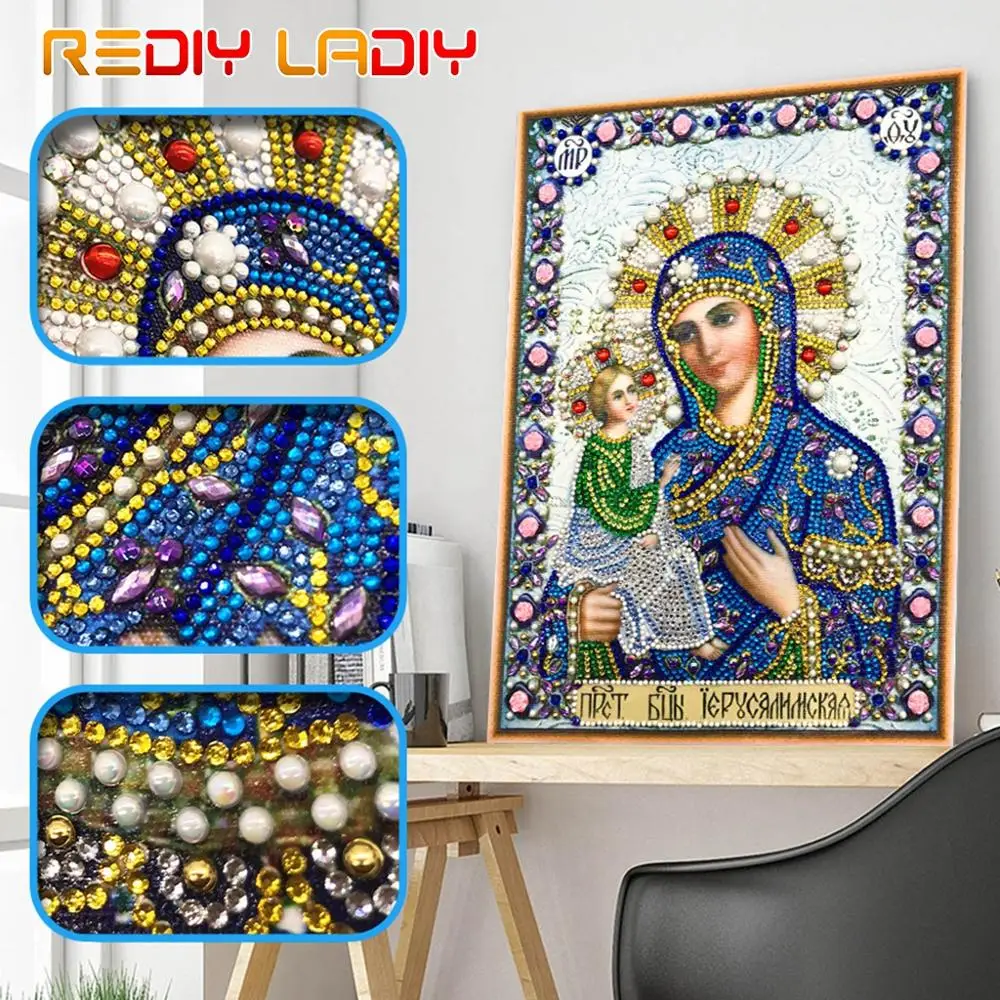 

Special Shaped Diamond Mosaic Icon Mother of God Shining Round Diamond Embroidery Partial Diamond Painting Beaded Cross Stitch