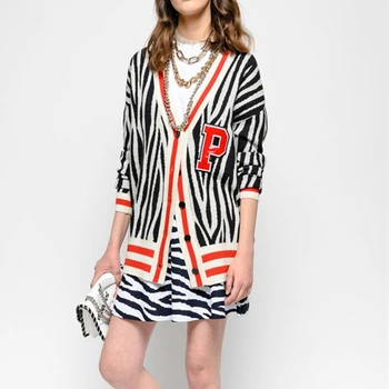 

2019 Spring Cardigan Flower Pig Knitted Cardigan Long Loose Sweater Women Color Block Jacquard Zebra Striped Cardigan Knit Coat